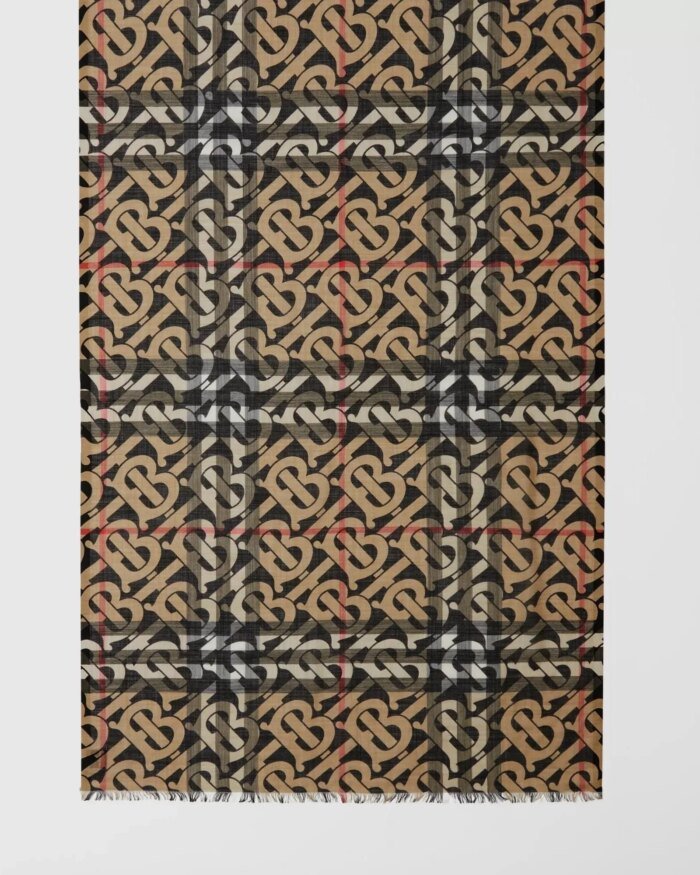 Burberry Men's Monogram Print Lightweight Check Wool Silk Scarf