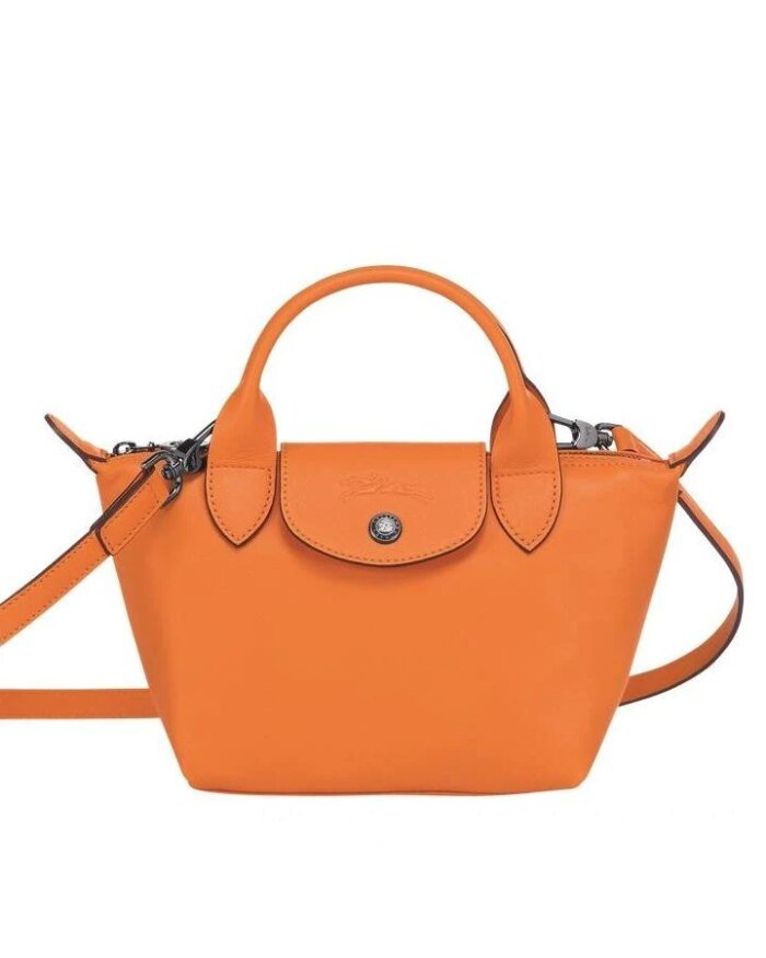 Longchamp Le Pliage Orange Leather Bag With Strap