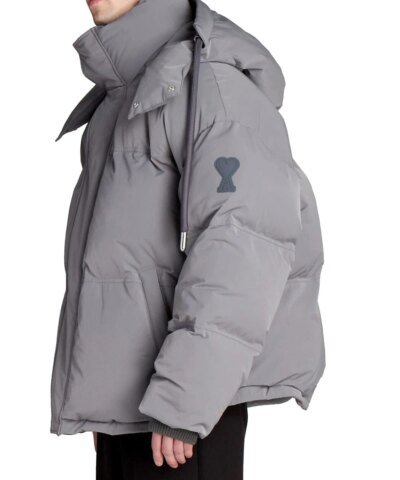 Ami Paris Men's Grey Hooded Down Jacket