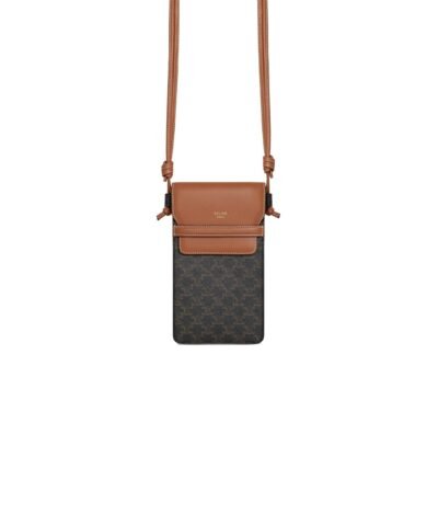 Celine Phone Pouch With Flap In Triomphe Canvas And Lambskin Tan