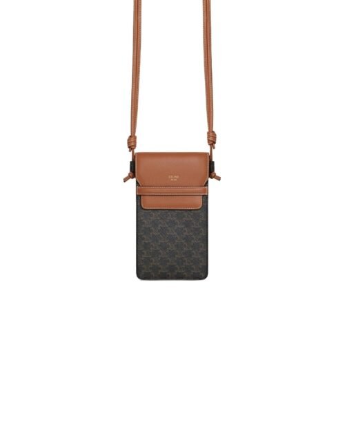 Celine Phone Pouch With Flap In Triomphe Canvas And Lambskin Tan