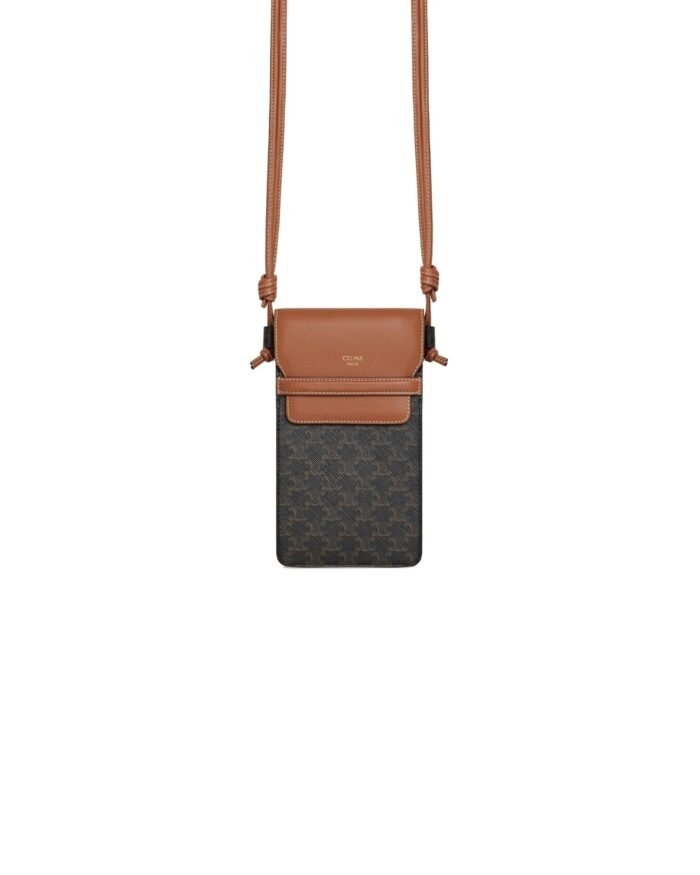 Celine Phone Pouch With Flap In Triomphe Canvas And Lambskin Tan