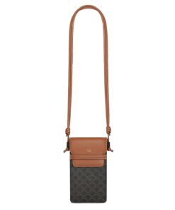 Celine Phone Pouch With Flap In Triomphe Canvas And Lambskin Tan
