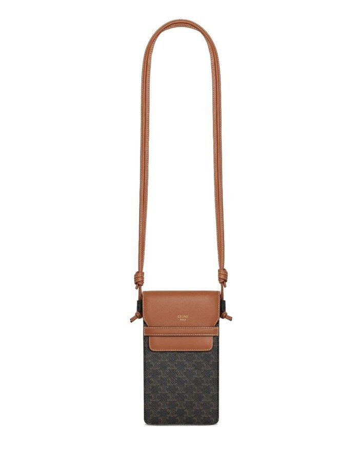 Celine Phone Pouch With Flap In Triomphe Canvas And Lambskin Tan