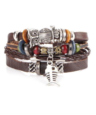 Steffe Punk Vintage Rope Handmade Bead Owl Leather Bracelets