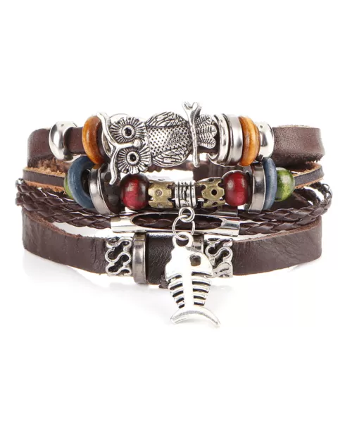 Steffe Punk Vintage Rope Handmade Bead Owl Leather Bracelets