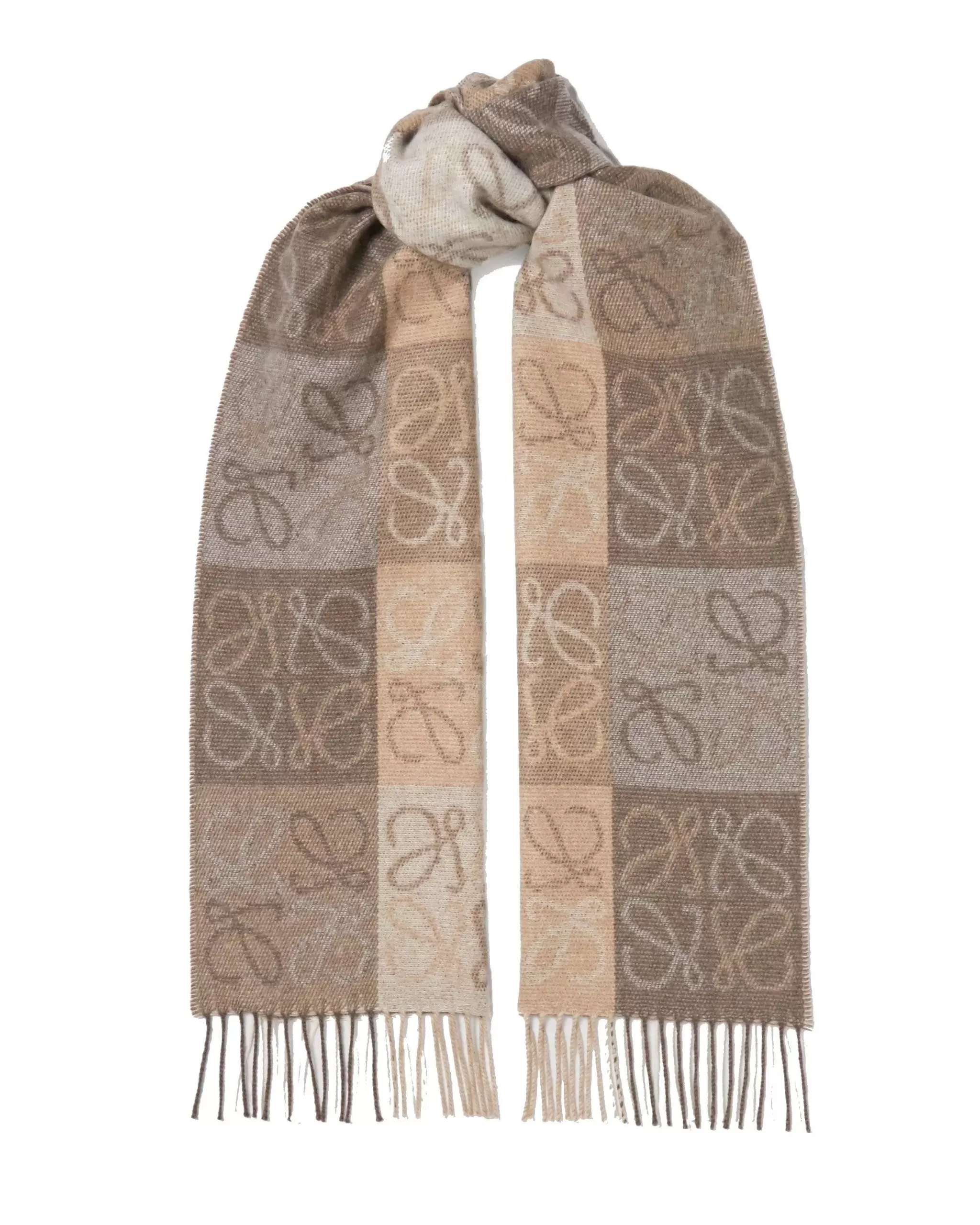 Loewe Fringed Wool and Cashmere-blend Jacquard Scarf, White/Beige