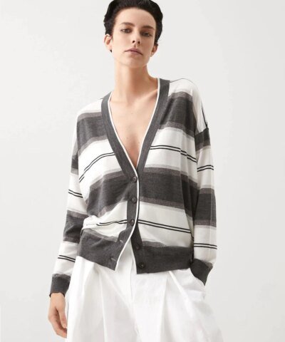 Brunello Cucinelli Cardigan In Cashmere With Sparkling Stripes