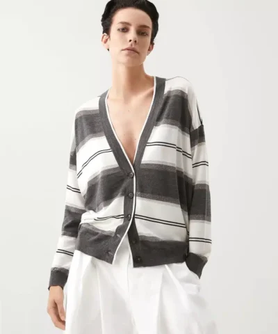 Brunello Cucinelli Cardigan In Cashmere With Sparkling Stripes