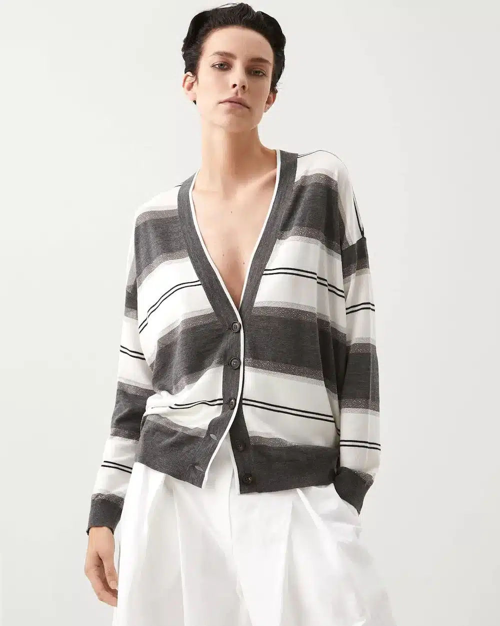 Brunello Cucinelli Cardigan In Cashmere With Sparkling Stripes