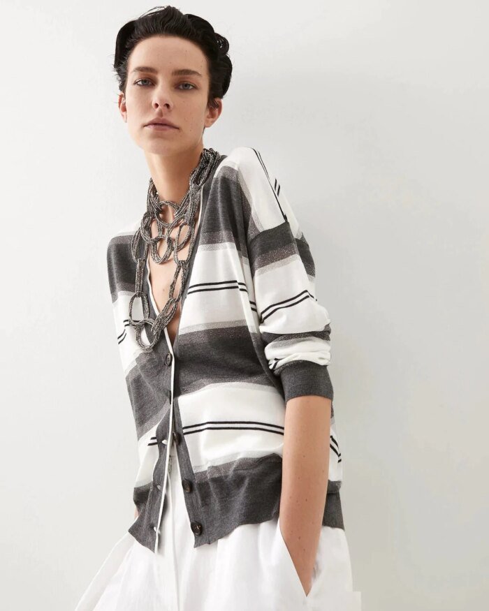 Brunello Cucinelli Cardigan In Cashmere With Sparkling Stripes