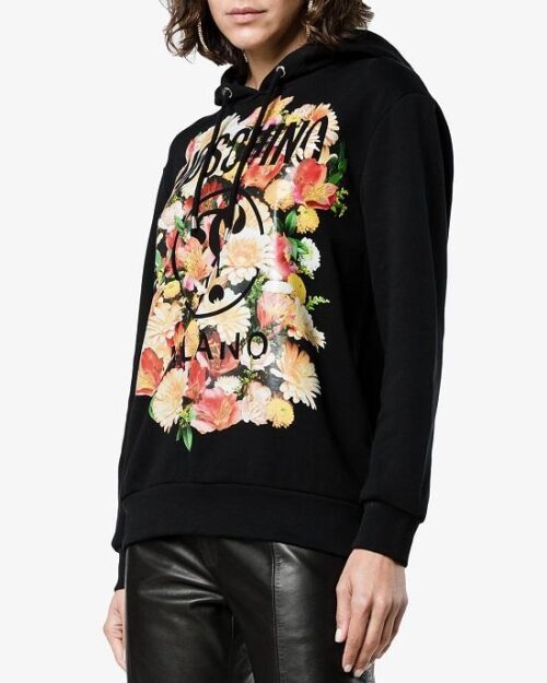 Moschino Cotton Hoodie With Floral Logo Motif Black
