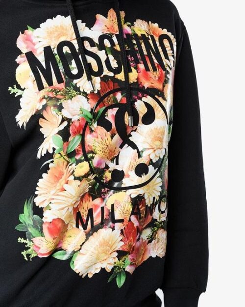 Moschino Cotton Hoodie With Floral Logo Motif Black