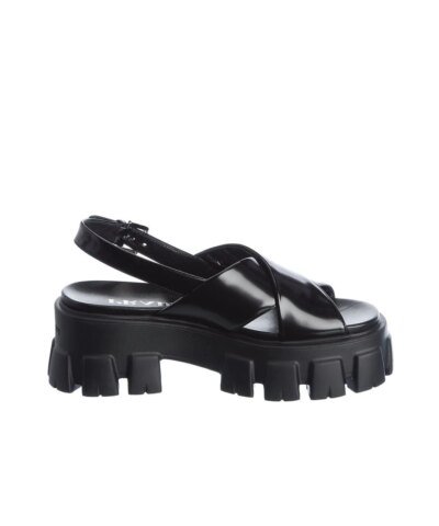 Prada Black Lug-Sole Leather Platform Slingback Sandals