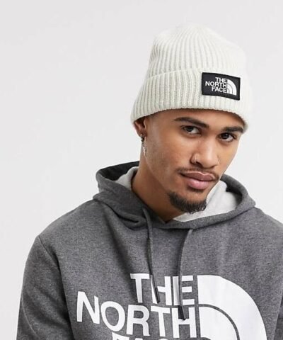 The North Face Logo Box Cuffed Beanie In White