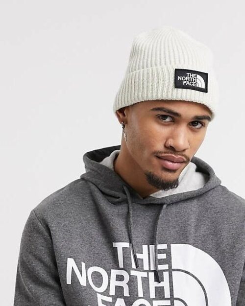 The North Face Logo Box Cuffed Beanie In White