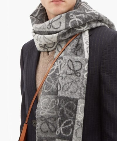 Loewe Fringed Wool and Cashmere-blend Jacquard Scarf, Black/White