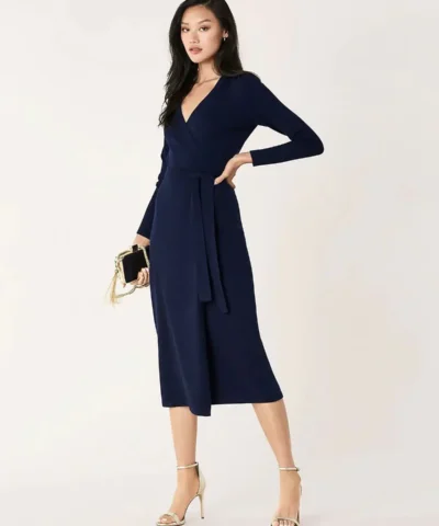 DVF Linda Cashmere Wrap Dress. Navy