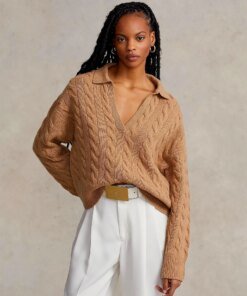 Polo Ralph Lauren Cable-Knit Wool-Cashmere Polo Sweater In Camel