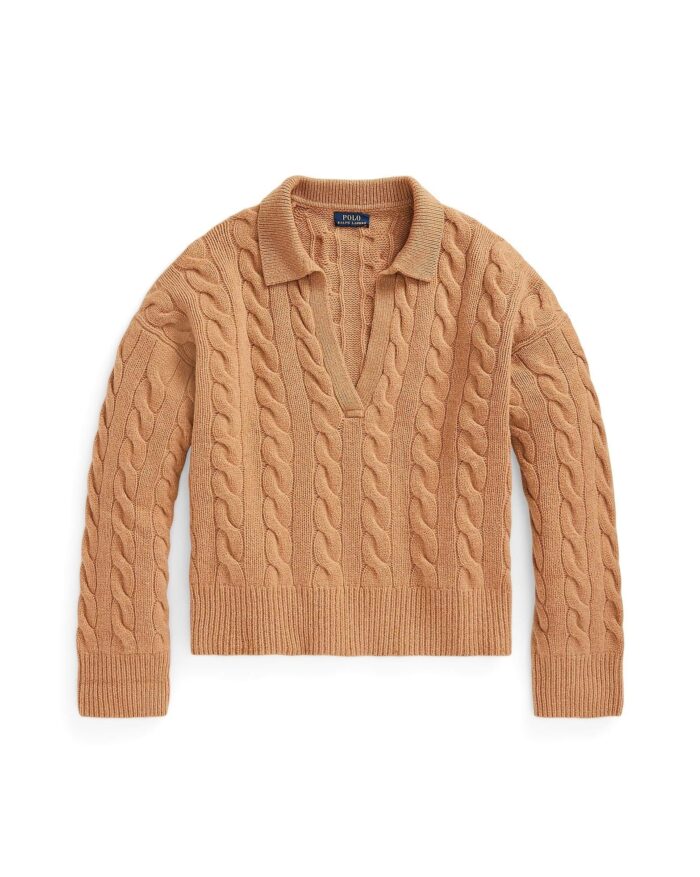 Polo Ralph Lauren Cable-Knit Wool-Cashmere Polo Sweater In Camel