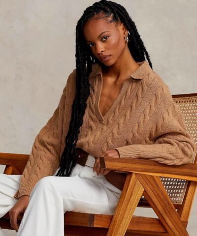 Polo Ralph Lauren Cable-Knit Wool-Cashmere Polo Sweater In Camel