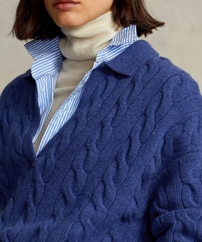 Polo Ralph Lauren Cable-Knit Wool-Cashmere Polo Sweater In Blue
