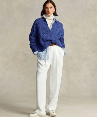 Polo Ralph Lauren Cable-Knit Wool-Cashmere Polo Sweater In Blue