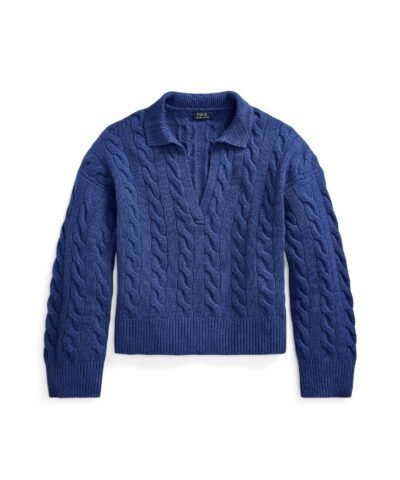 Polo Ralph Lauren Cable-Knit Wool-Cashmere Polo Sweater In Blue