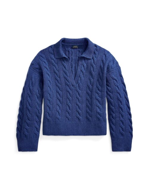 Polo Ralph Lauren Cable-Knit Wool-Cashmere Polo Sweater In Blue