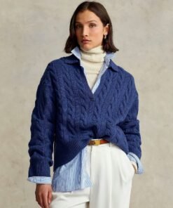 Polo Ralph Lauren Cable-Knit Wool-Cashmere Polo Sweater In Blue