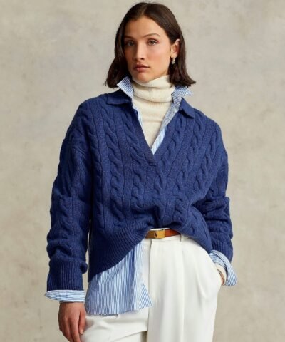Polo Ralph Lauren Cable-Knit Wool-Cashmere Polo Sweater In Blue