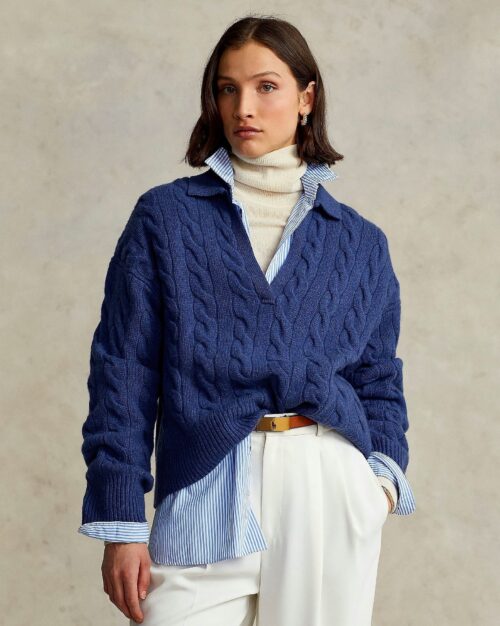 Polo Ralph Lauren Cable-Knit Wool-Cashmere Polo Sweater In Blue
