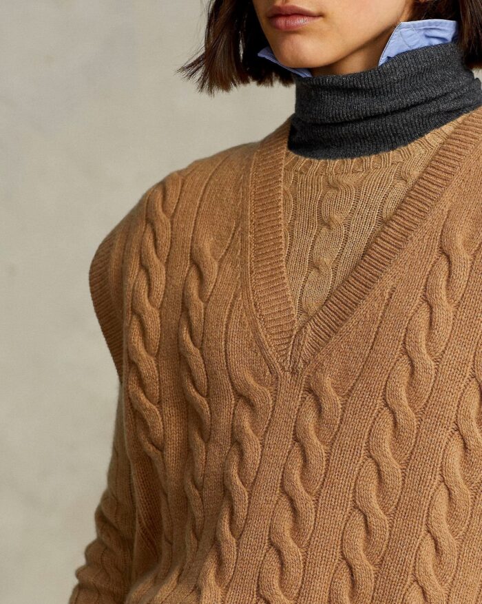 Polo Ralph Lauren Sleeveless Cable-Knit Sweater In Camel