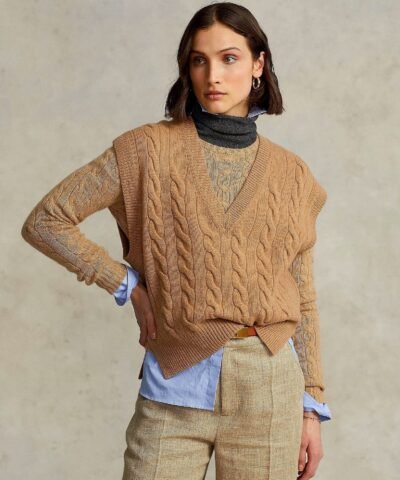 Polo Ralph Lauren Sleeveless Cable-Knit Sweater In Camel
