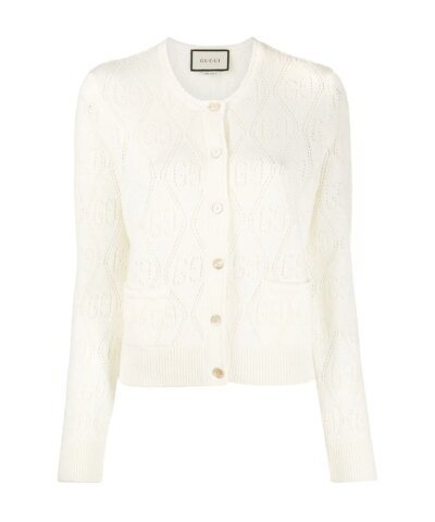Gucci GG Perforated Wool Cropped Cardigan In White