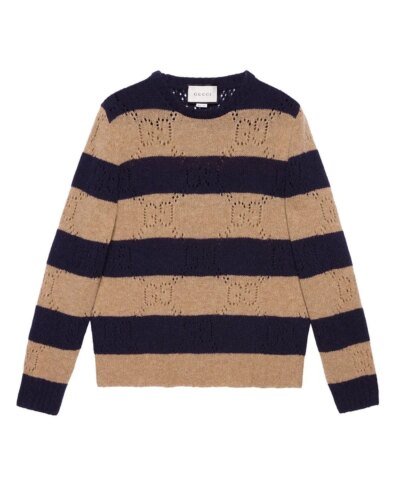 Gucci Beige & Navy Wool Striped GG Sweater
