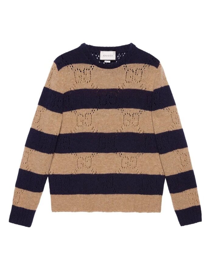 Gucci Beige & Navy Wool Striped GG Sweater
