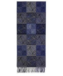 Loewe Fringed Wool and Cashmere-blend Jacquard Scarf, Blue/Grey