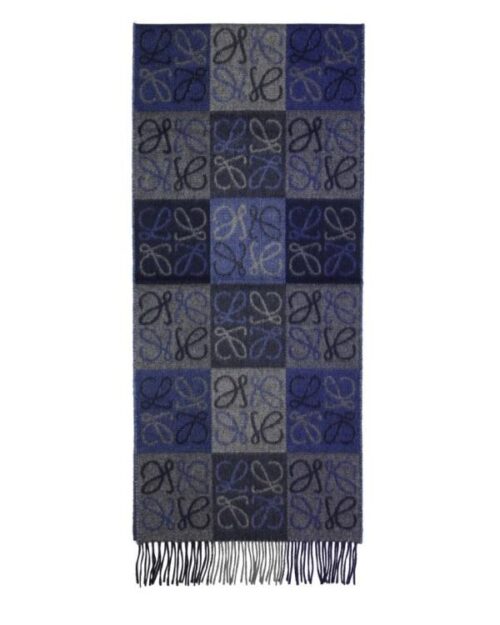 Loewe Fringed Wool and Cashmere-blend Jacquard Scarf, Blue/Grey