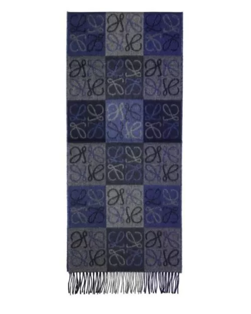 Loewe Fringed Wool and Cashmere-blend Jacquard Scarf, Blue/Grey