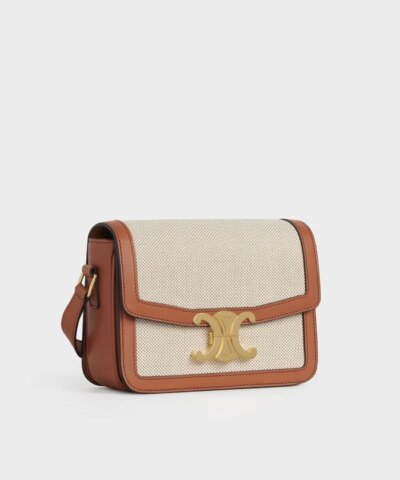 Celine Teen Triomphe Bag In Textile and Natural Calfskin Tan/White