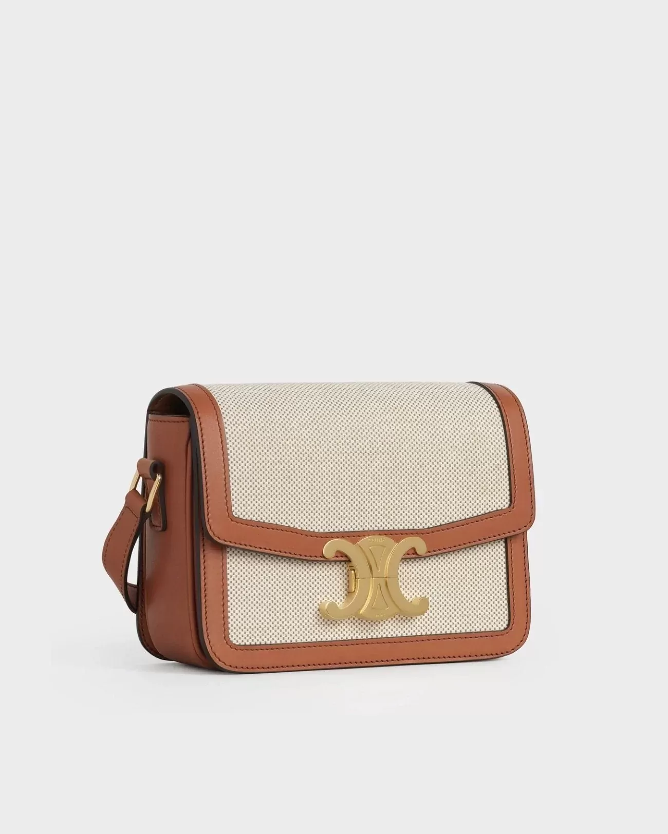 Celine Teen Triomphe Bag In Textile and Natural Calfskin Tan/White