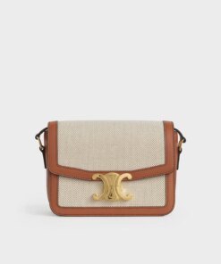 Celine Teen Triomphe Bag In Textile and Natural Calfskin Tan/White