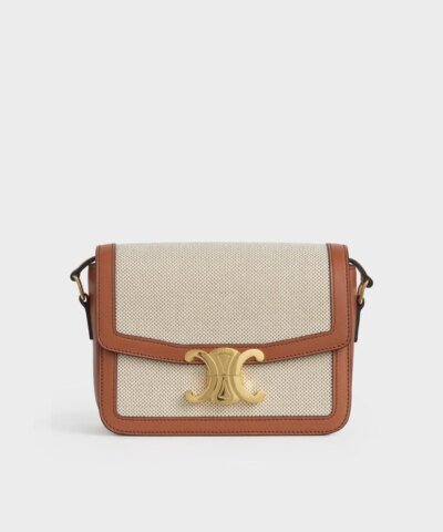 Celine Teen Triomphe Bag In Textile and Natural Calfskin Tan/White