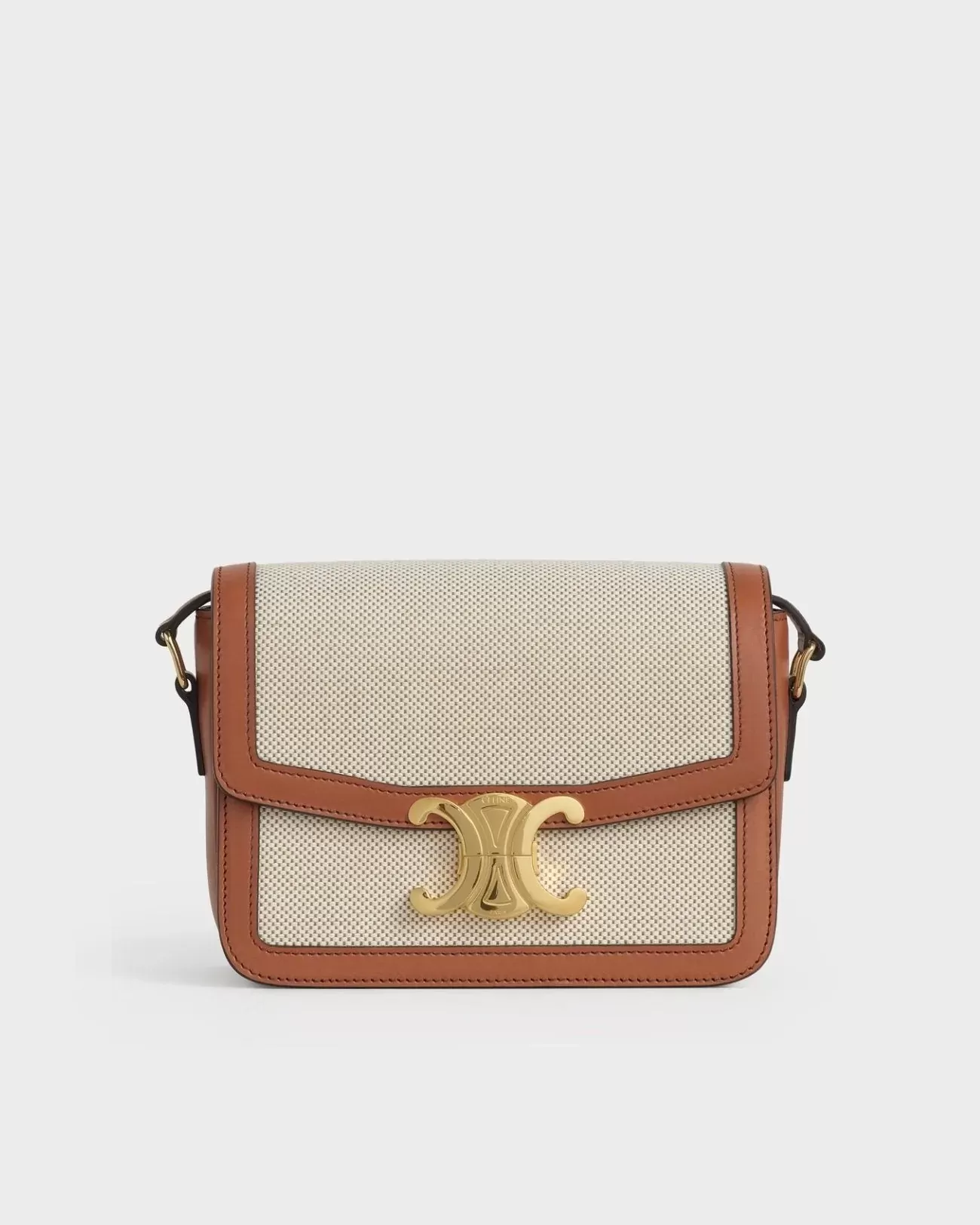 Celine Teen Triomphe Bag In Textile and Natural Calfskin Tan/White