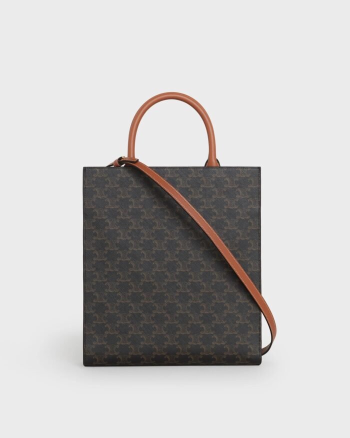 Celine Small Cabas Vertical In Triomphe Canvas And Calfskin Tan