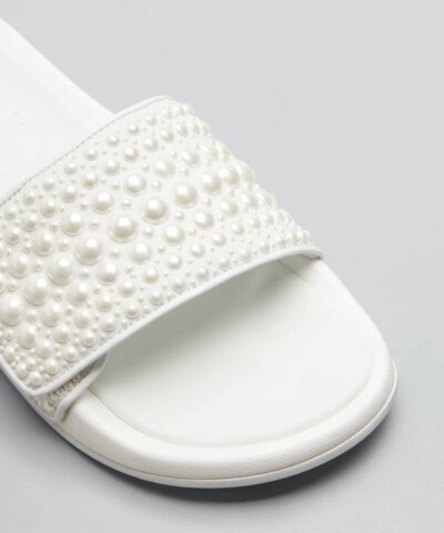 Jimmy Choo Fitz Pearly Stud Pool Sandals, White