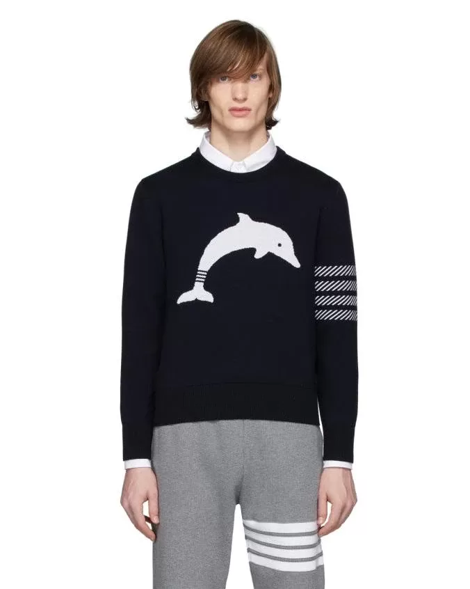 Thom Browne Dolphin Icon 4-Bar Crewneck Sweater