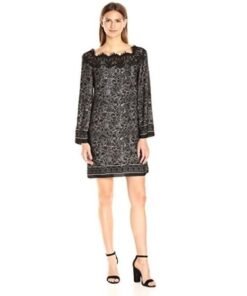 Max Studio Women's Printed Matte Charmeuse Lace Longsleeve Dress