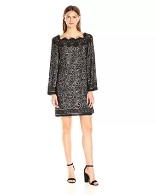 Max Studio Women's Printed Matte Charmeuse Lace Longsleeve Dress